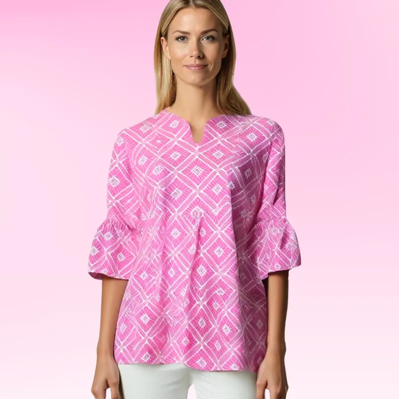 New Canaan Tunic Top Flutter Sleeves In Tiki Bar Pink Katherine Way